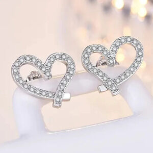 Sterling 925 Silver Heart Shape Shiny Zircon Stud Earrings